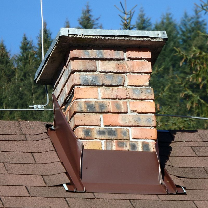 old, discolored masonry chimney with loose flashing